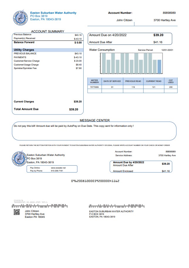 USA Eastern Suburban Water Authority utility bill template in Word and PDF format